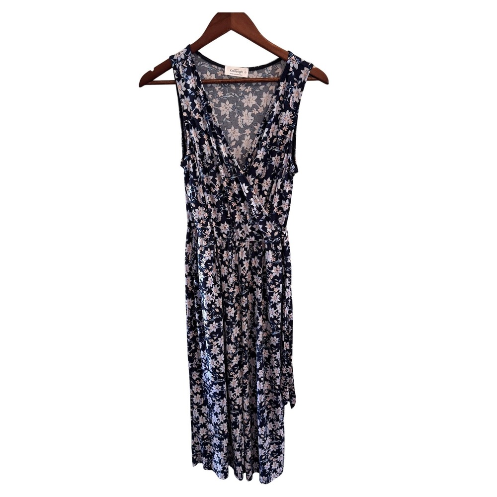 Kaileigh Womens Small Navy Floral Wrap V Neck Sleeveless Maxi Dress Cottagecore